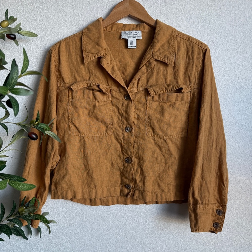 Rachel Zoe 100% Linen Cropped Button Front Shirt Camel Brown Women’s Size Small